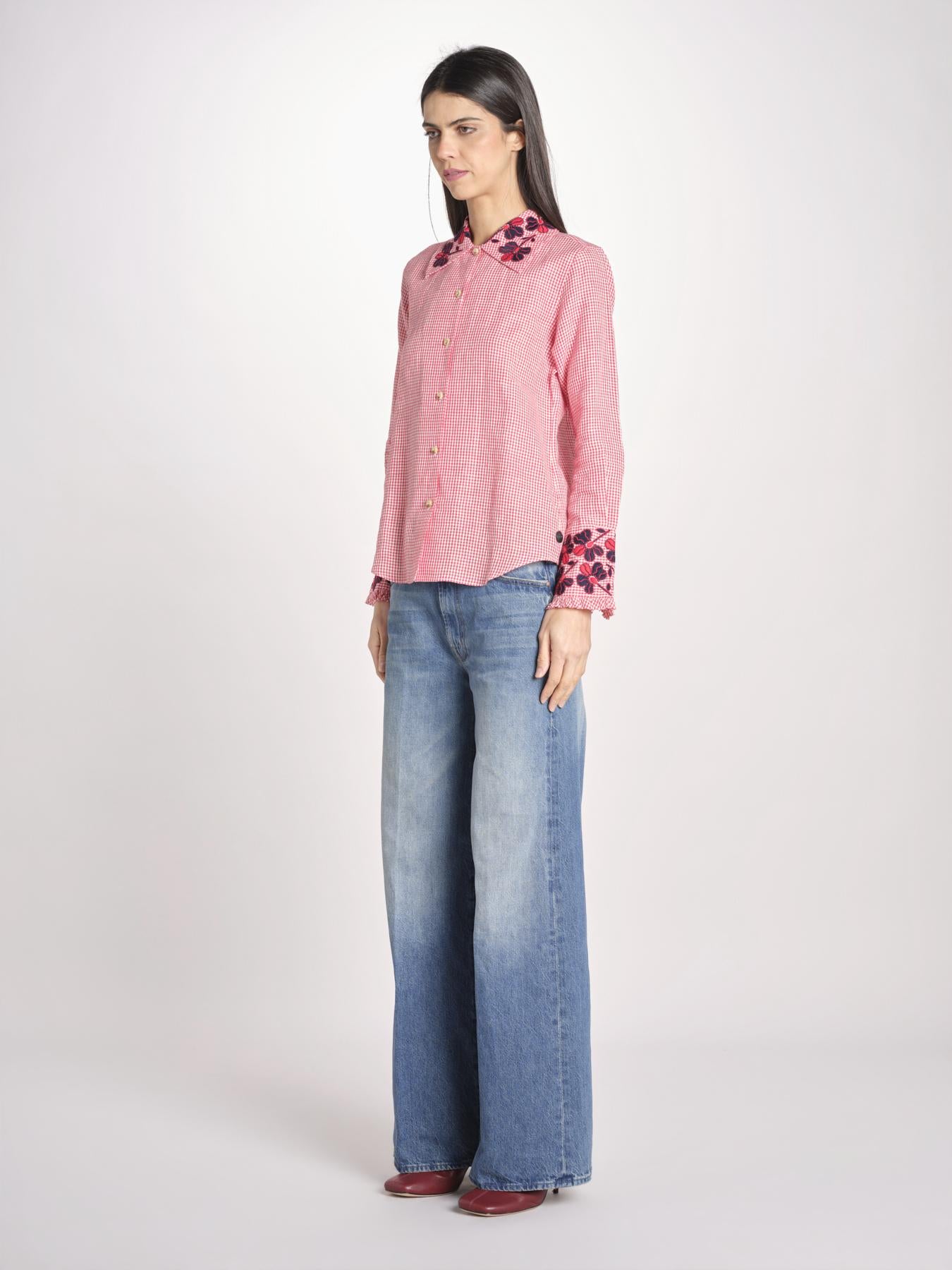 camicia in tessuto pesante collo e polsi ricamato ALVINA RED CHECKS jupe by jackie 