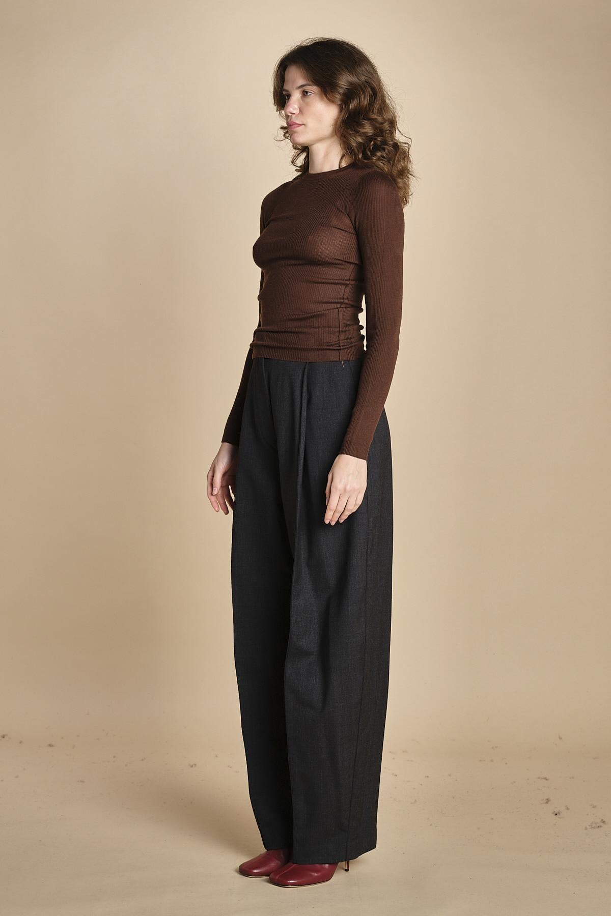 girocollo a costine manica luna in lana merino LAU30 E2220 CIOCCOLATO milaura 