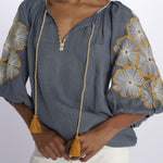 STRIPE FLOWER camicia con fiori ricamati sulla manica by milaura. BE24912 GREY BLUE YELLOW benaras soleil 