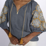STRIPE FLOWER camicia con fiori ricamati sulla manica by milaura. BE24912 GREY BLUE YELLOW benaras soleil 
