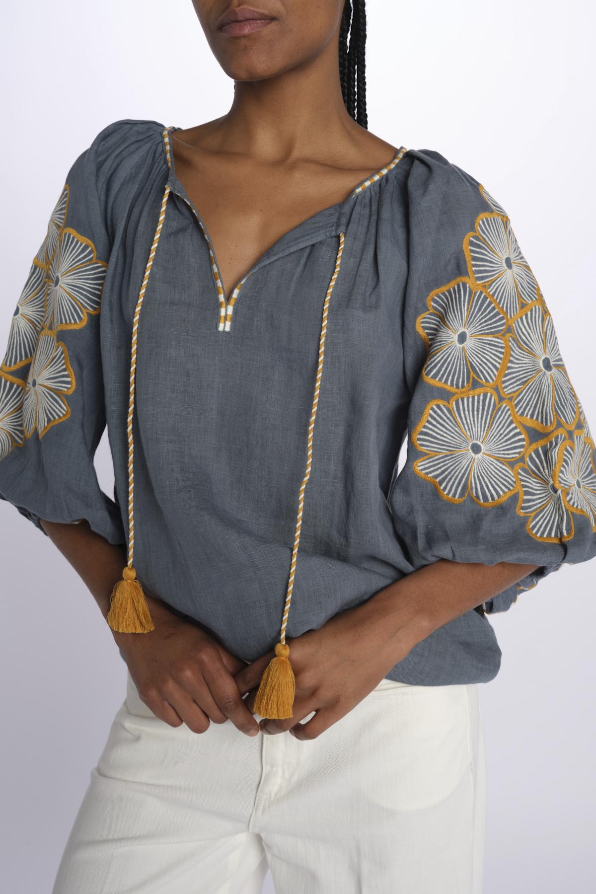 STRIPE FLOWER camicia con fiori ricamati sulla manica by milaura. BE24912 GREY BLUE YELLOW benaras soleil 