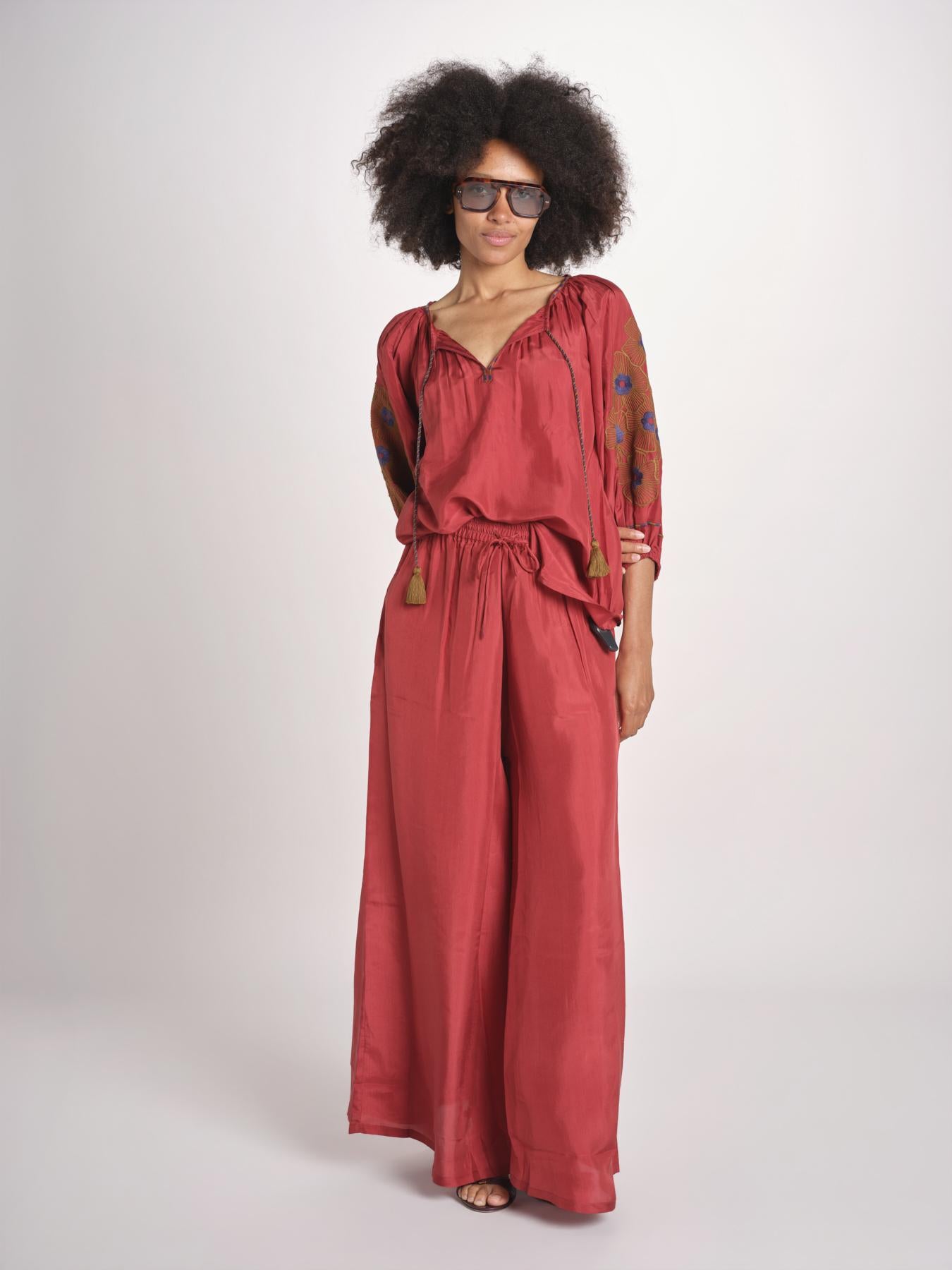 camicia in seta con ricamo fiori BE25407 RUST KHAKI benaras soleil 