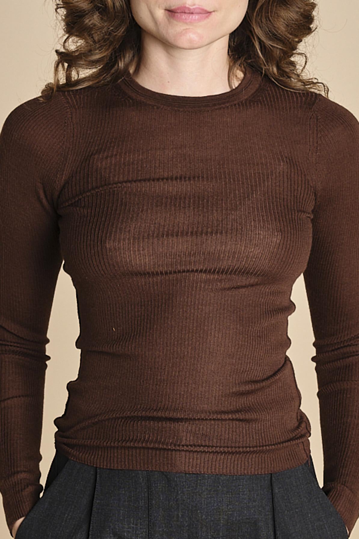 girocollo a costine manica luna in lana merino LAU30 E2220 CIOCCOLATO milaura 