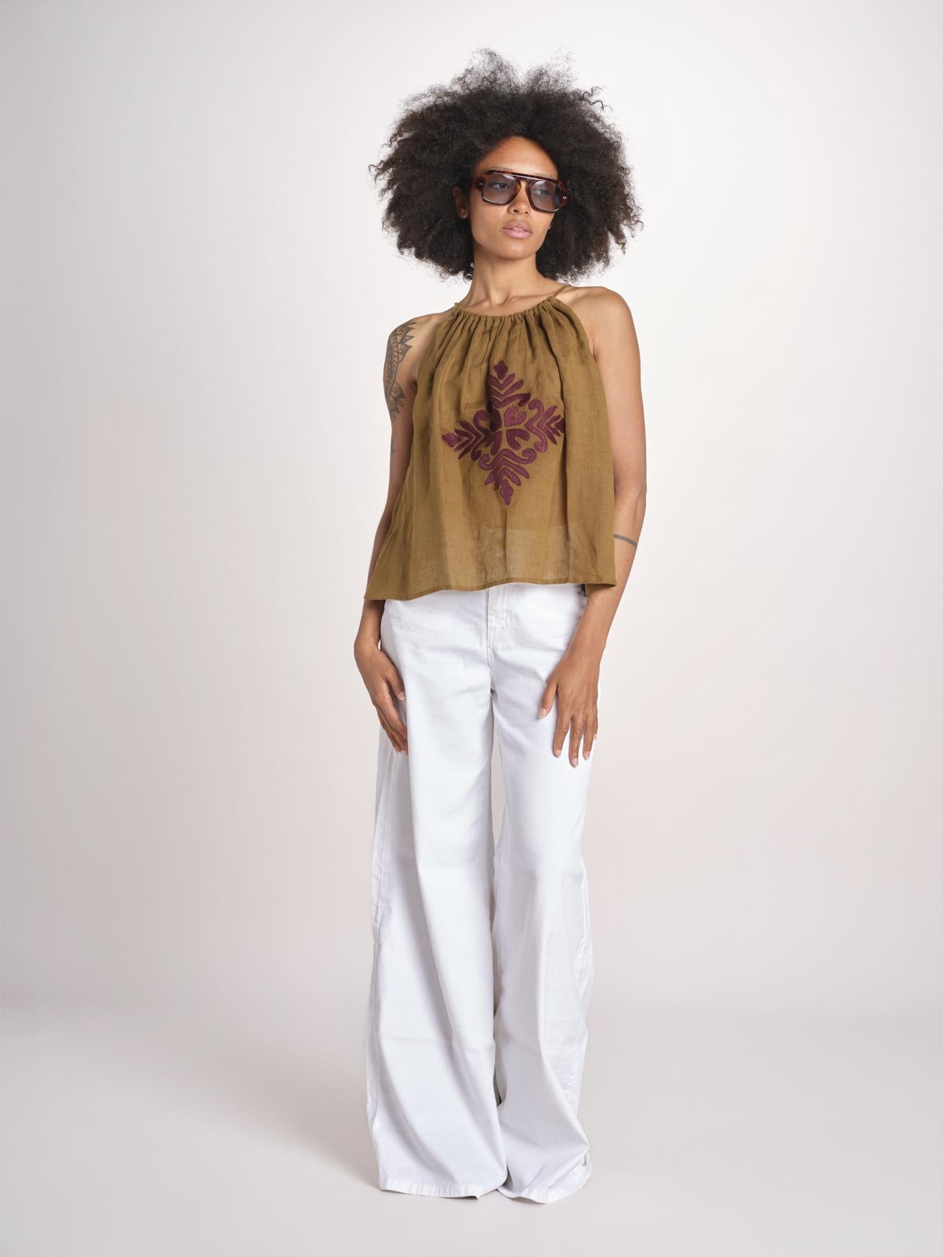 top ricamo greche BE25204 KHAKI WINE benaras soleil 