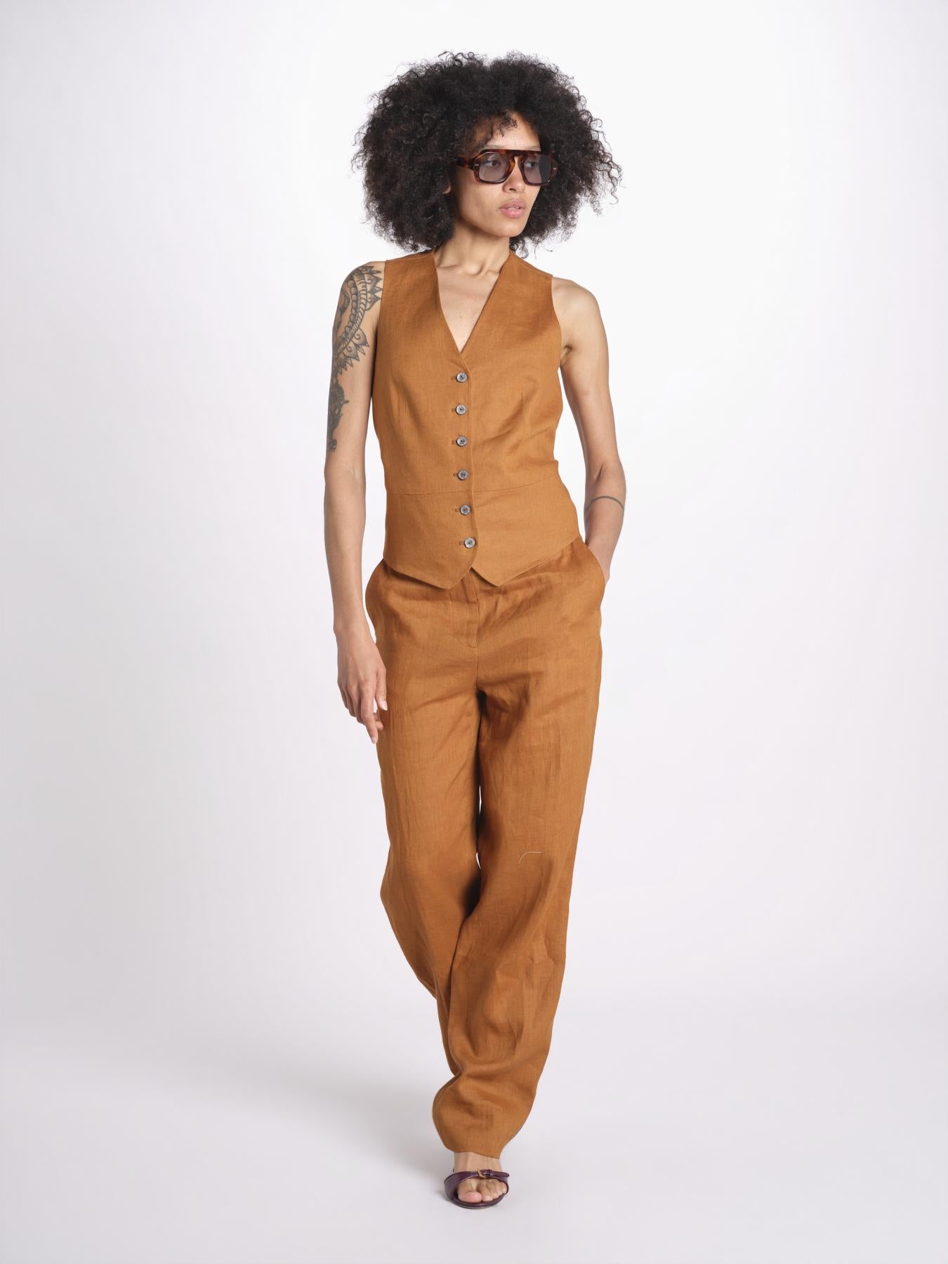 gilet in lino 16V528LI011 P632 CHESTNUT ines de la fressange 