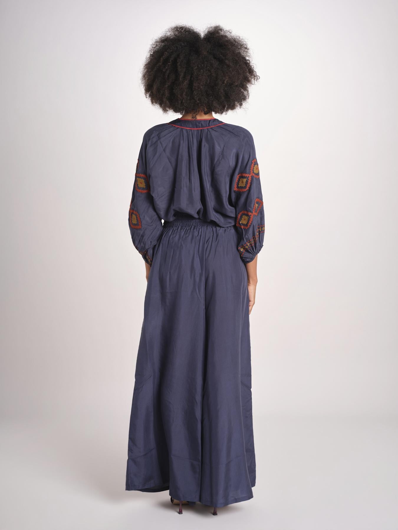 pantalone in seta over BE25252 NAVY benaras soleil 