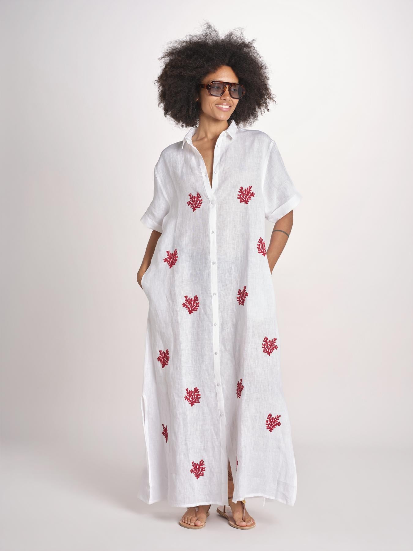 abito lungo con ricami coralli BE25254 WHITE RED benaras soleil 