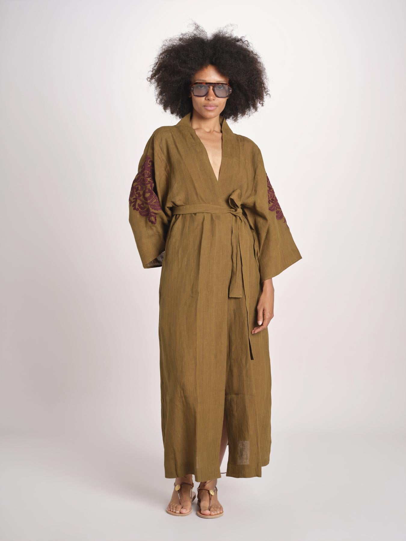 caftano lungo con ricami BE 25244 KHAKI WHINE benaras soleil 