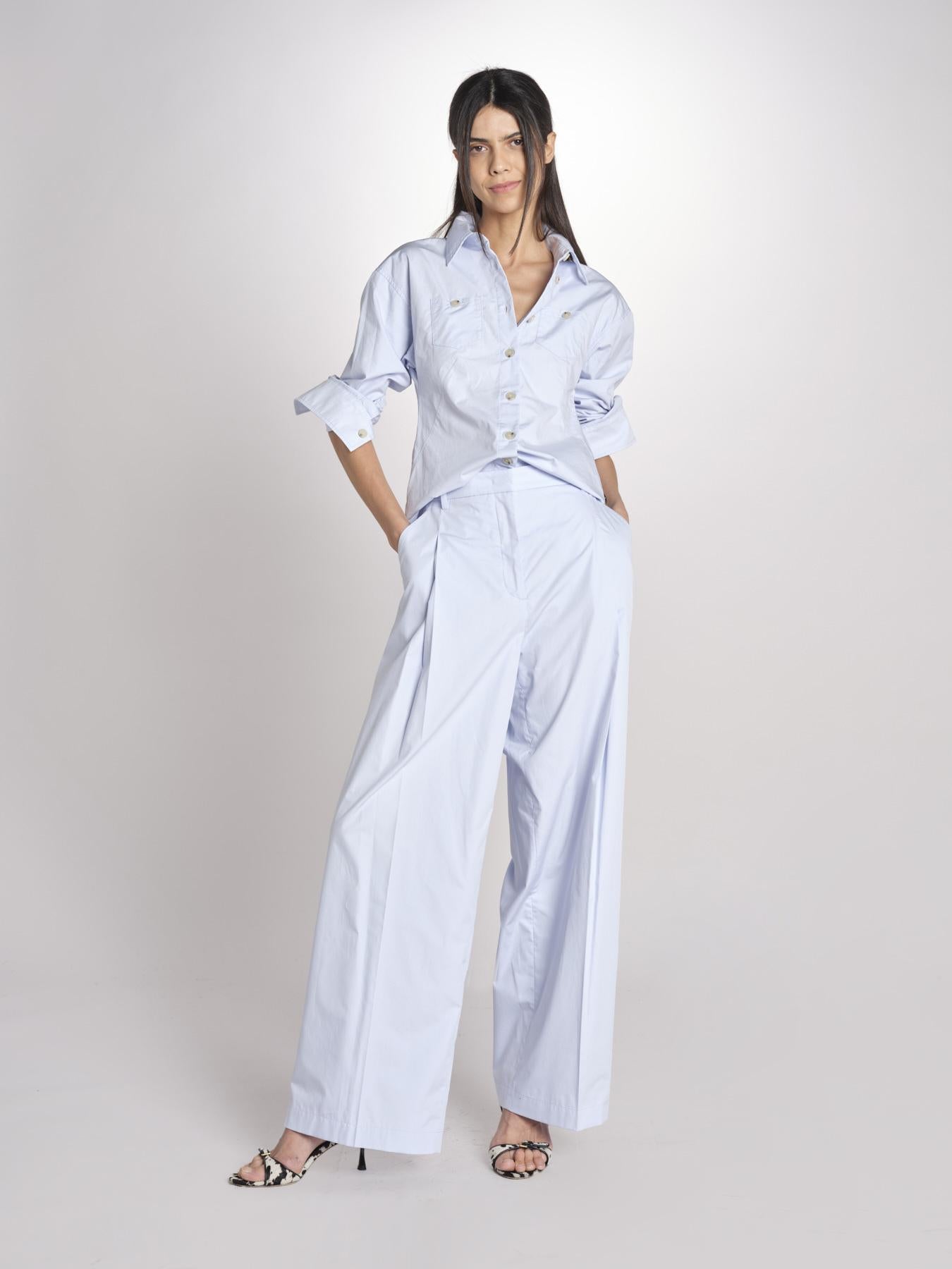 pantalone con pinces in popeline B043-0187-6311 CELESTE n21 
