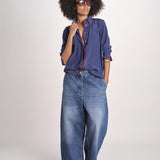 camicia in seta con bordino rosso ANTHEA BLU milaura 