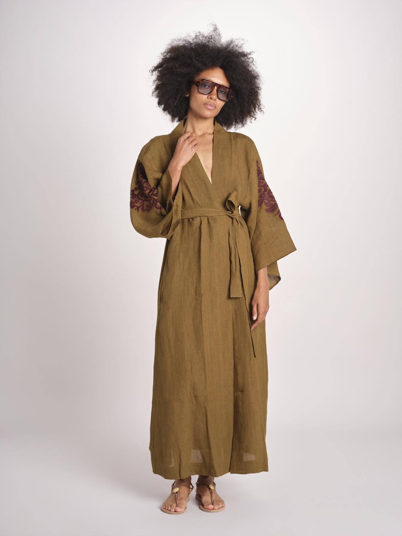 caftano lungo con ricami BE 25244 KHAKI WHINE benaras soleil 