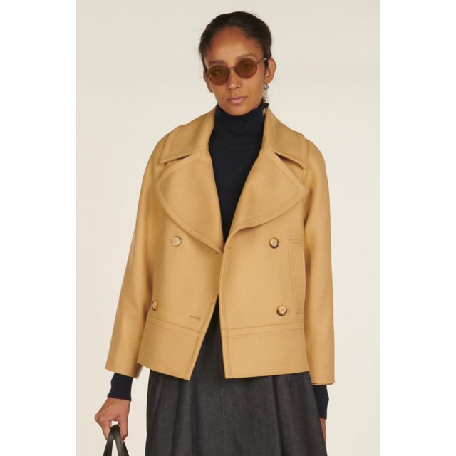 Short double-breasted camel peacoat