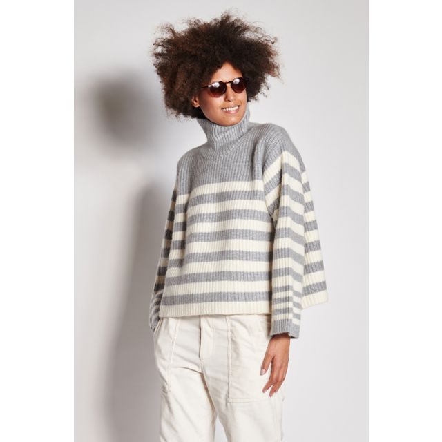 Ivory and gray striped cashmere turtleneck