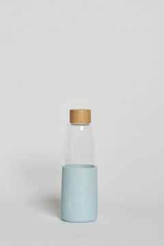 glass bottle with light blue rubber covered bottom